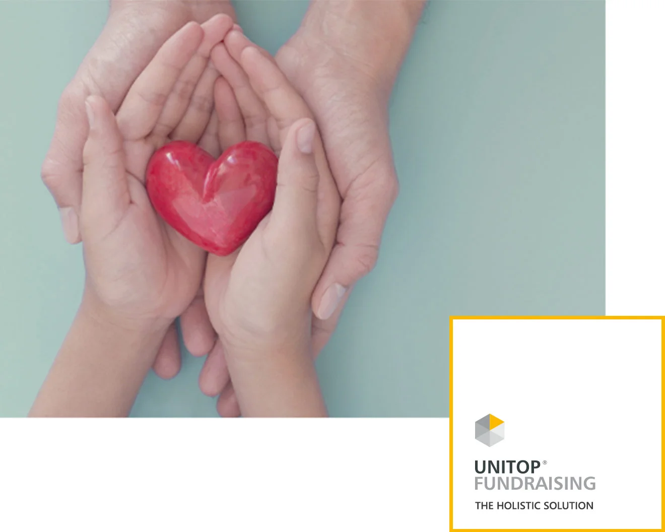Hands holding a red heart with the logo unitop fundraising at the bottom right 