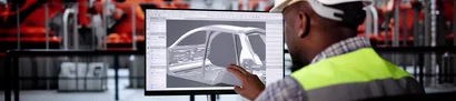 Variant manufacturing with product configuration | Product configurator add-on for unitop Warehouse employee with helmet and safety vest using product configurator for variant planning