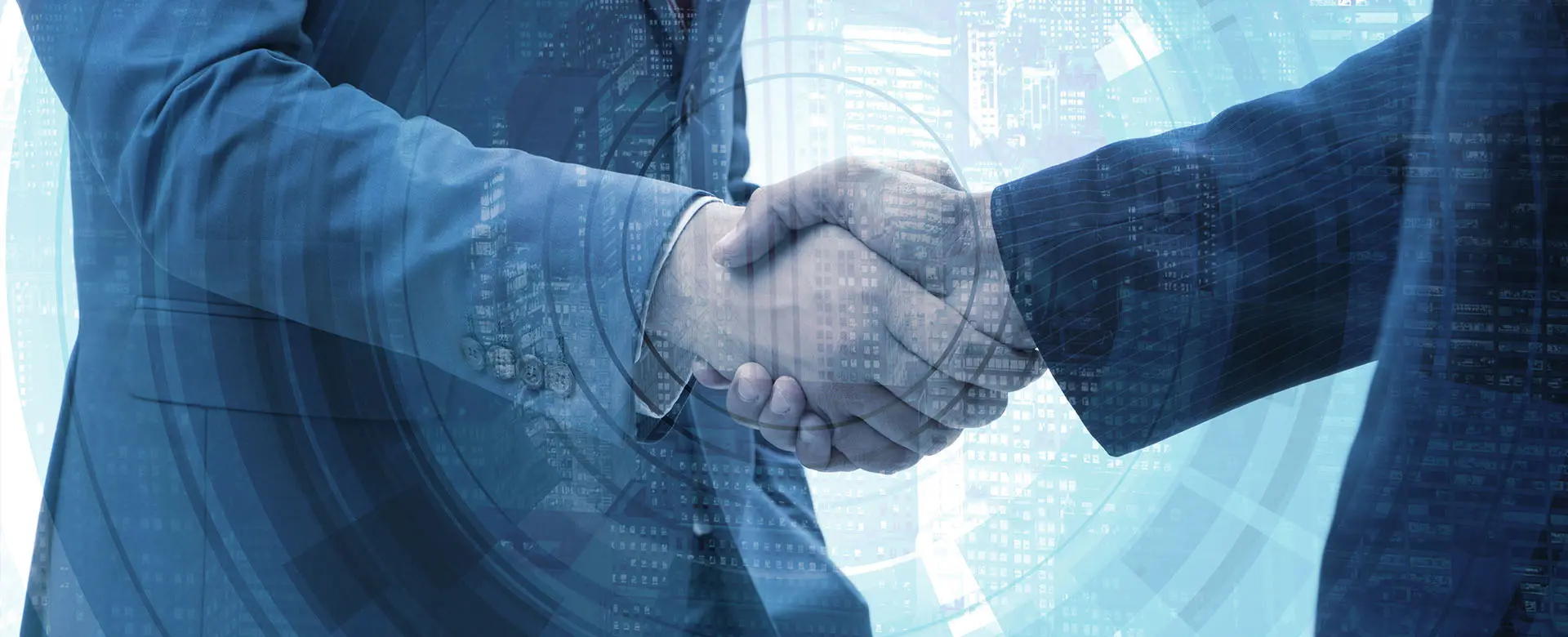 Zwei IT-Spezialisten feiern mit einem Handschlag den Erfolg Ihrer Business-Partnerschaft.