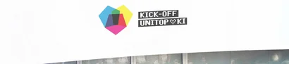 Buntes Herz-Logo mit Schriftzug "Kick-Off unitop KI" auf weißem Hintergrund, modern gestaltet