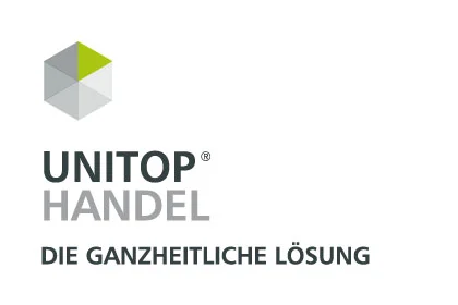 Logo von unitop Handel mit grauer Wortmarke, Würfelsymbol und Claim „Die ganzheitliche Lösung“.