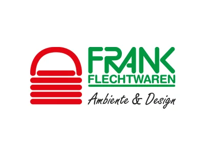 Logo von Frank Flechtwaren mit rotem Korbsymbol, grünem Firmennamen und Schriftzug Ambiente & Design.