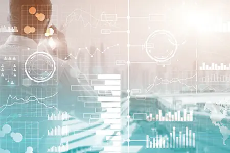 Geschäftsperson mit digitalen Datenanalysen, Diagrammen und Prozessvisualisierungen als BI-Symbol