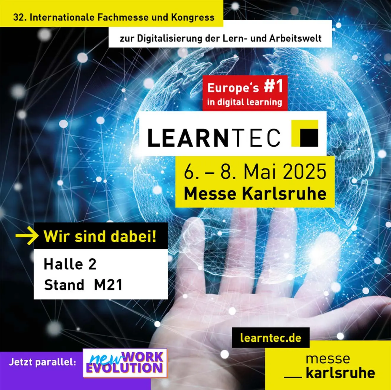 Flyer zur LEARNTEC 2025: Messe für digitale Bildung, 6.-8. Mai, Karlsruhe, Halle 2, Stand M21.