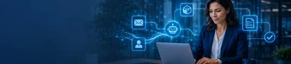 Business Central-Agenten im Einsatz (KI-generiert) Frau am Laptop mit vernetzten KI-Symbolen und Chatbot-Symbol. (KI-generiert)