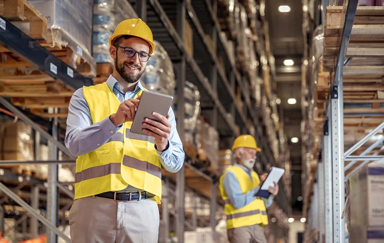 Employee in high-bay warehouse operating a tablet, with another specialist in the background.