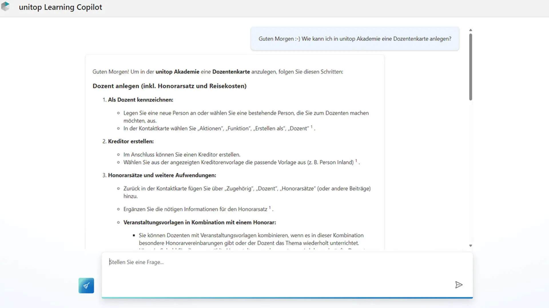 Anleitung zur Erstellung einer Dozentenkarte in unitop Akademie: Antwort von unitop Learning Copilot