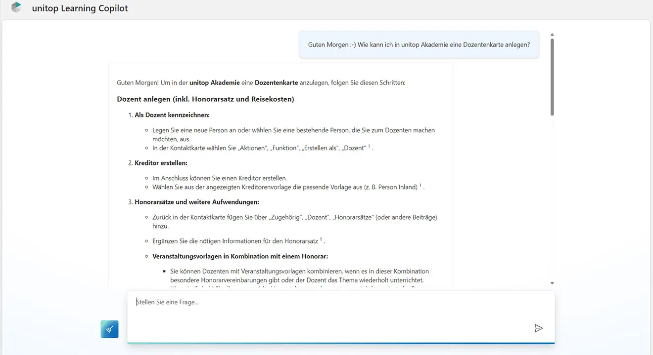 Anleitung zur Erstellung einer Dozentenkarte in unitop Akademie: Antwort von unitop Learning Copilot
