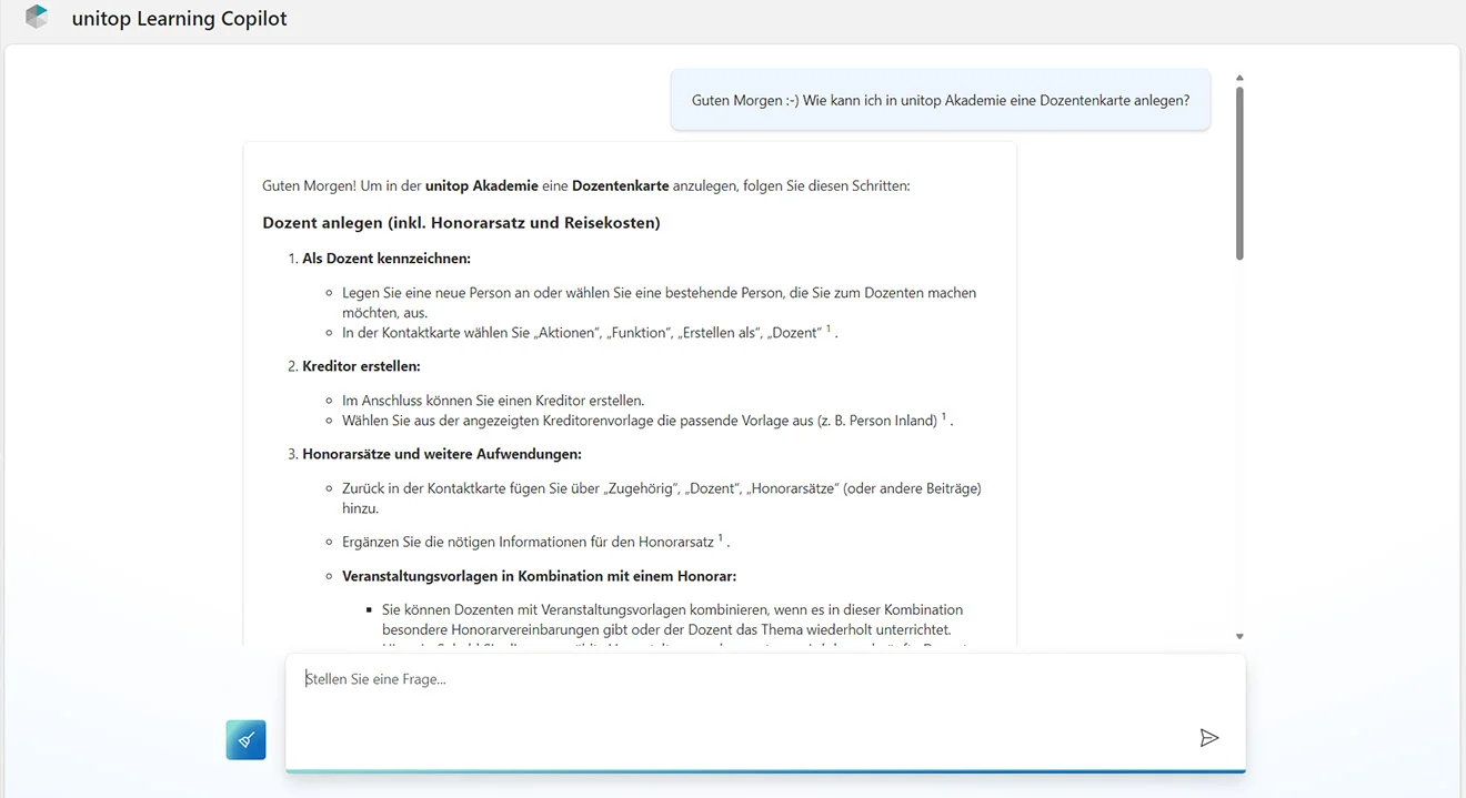 KI-Chatbot in unitop Learning erklärt Anlegen einer Dozentenkarte in unitop Akademie Anleitung zur Erstellung einer Dozentenkarte in unitop Akademie: Antwort von unitop Learning Copilot