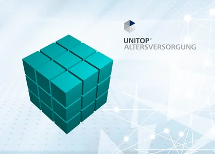 Türkisfarbener 3D-GOB-Würfel links neben unitop Altersversorgung-Logo.