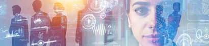 Digitale Collage mit Frau und Technologiegrafiken, zeigt Vielfältigkeit der unitop-Lösungen