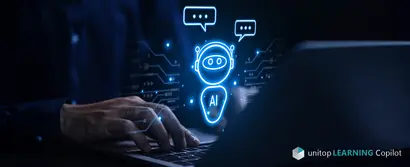 Der unitop Learning Copilot in Aktion Person chattet mit KI-Chatbot am Laptop, Logo von unitop Learning Copilot unten rechts