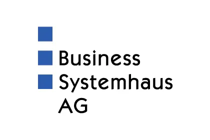 Logo der Business Systemhaus AG mit drei blauen Quadraten in vertikaler Anordnung auf weißem Grund