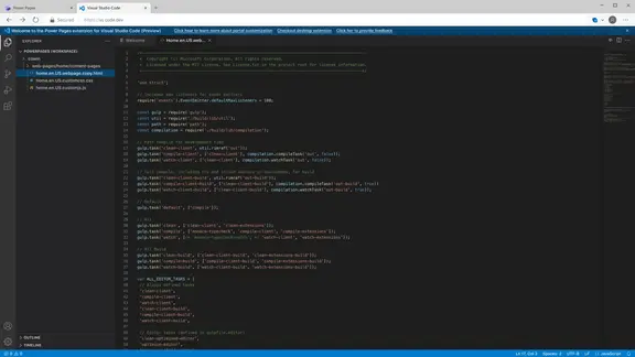 Screenshot Visual Studio Code mit geöffneter JavaScript-Datei, die Gulp-Aufgaben definiert