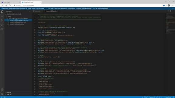 Screenshot Visual Studio Code mit geöffneter JavaScript-Datei, die Gulp-Aufgaben definiert
