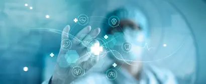 eHBA-Zugriff | eHBA-Add-on Arzt tippt auf transparente Oberfläche mit medizinischen Icons als Symbol für eHBA-Zugriff