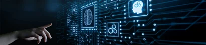 Increased efficiency through the use of Artificial Intelligence | 1905 x 425 pixel Hand points to dashboard with AI-controlled processes in a company