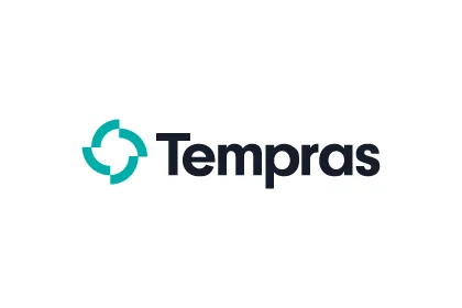 Tempras: logo Tempras logo with stylised turquoise target graphic and dark blue lettering on white