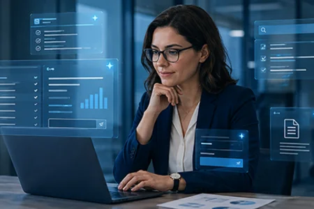 Symbolbild: Frau am Laptop mit digitalen Oberflächen und Analyseanzeigen im Büro.