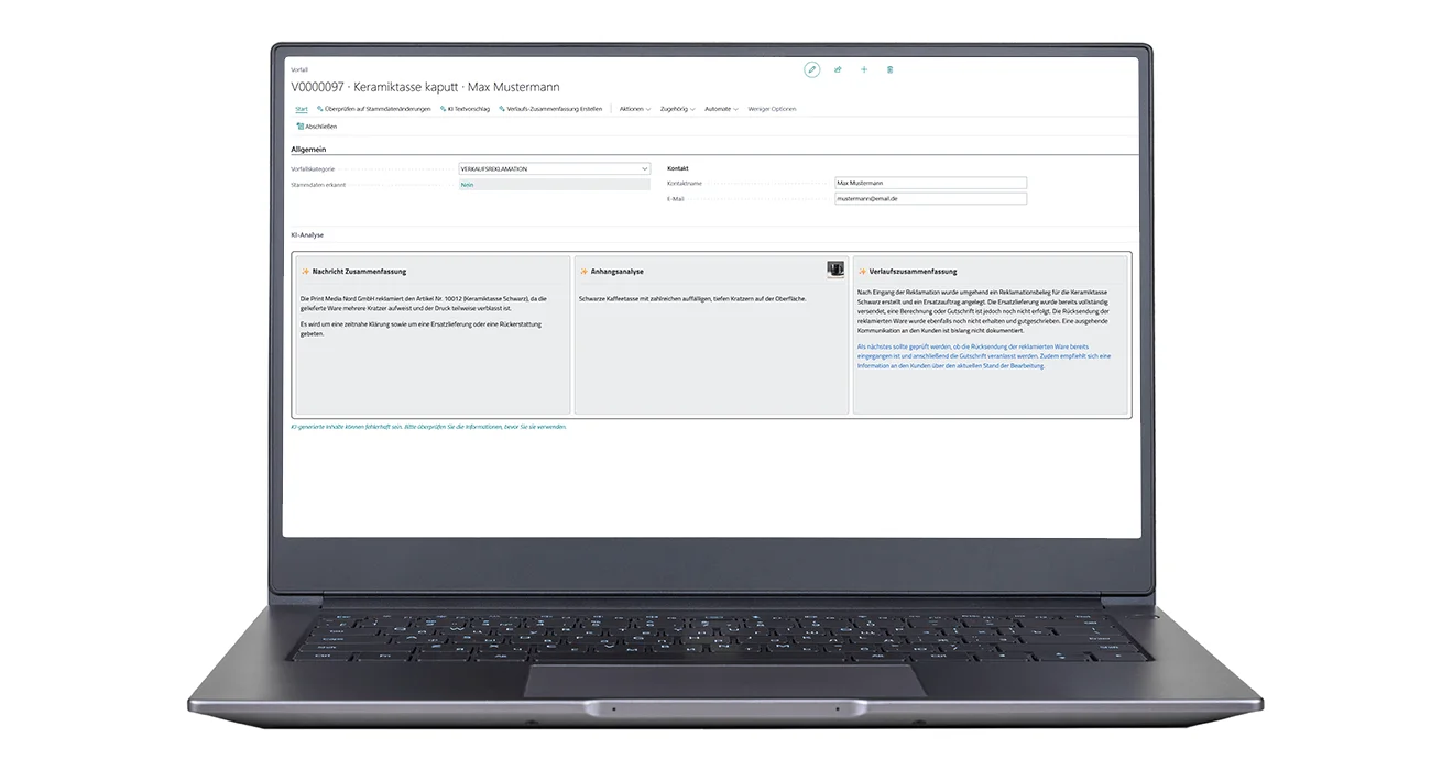 The AI basics add-on in action: complaint analysis in unitop Screenshot of a unitop function with AI basics add-on: Complaint analysis and summary