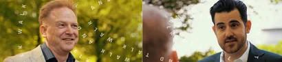 Mitgliederverwaltung & Veranstaltungsplanung leicht gemacht | unitop im Walk & Talk Zwei Experten unterhalten sich im Freien; darüber liegen die Worte „Walk and Talk“.