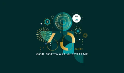 Die GOB wird 60 | Jubiläumsgrafik Jubiläumsgrafik zum 60-jährigen Bestehen der GOB Software & Systeme mit goldenen Designelementen