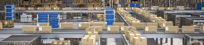 Digitalised trading processes: automated warehousing and conveyor technology Automated warehouse with boxes on conveyor belts and shelves as a symbol of modern commerce.
