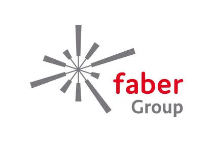 Logo der Faber Group mit grauem Strahlenmotiv und Schriftzug faber Group in Rot und Grau.