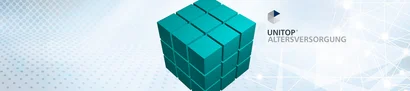 Türkisfarbener 3D-GOB-Würfel links neben unitop Altersversorgung-Logo.