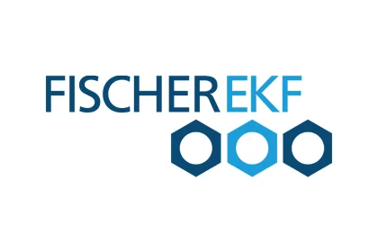 Wortmarke FISCHER EKF in zwei Blautönen; darunter drei Sechsecke mit blauer Kontur und weißer Mitte