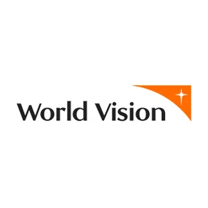 World Vision: Logo Logo von World Vision mit schwarzem Schriftzug und orangefarbener Ecke mit Kreuz.