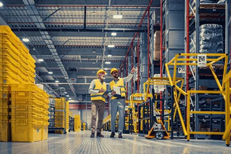 Großlager mit gelben Kisten, hohen Regalen und zwei Mitarbeitenden in Warnwesten im Gang.