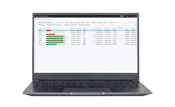 Laptop with Business Central dashboard: List of approved production orders with progress bar.