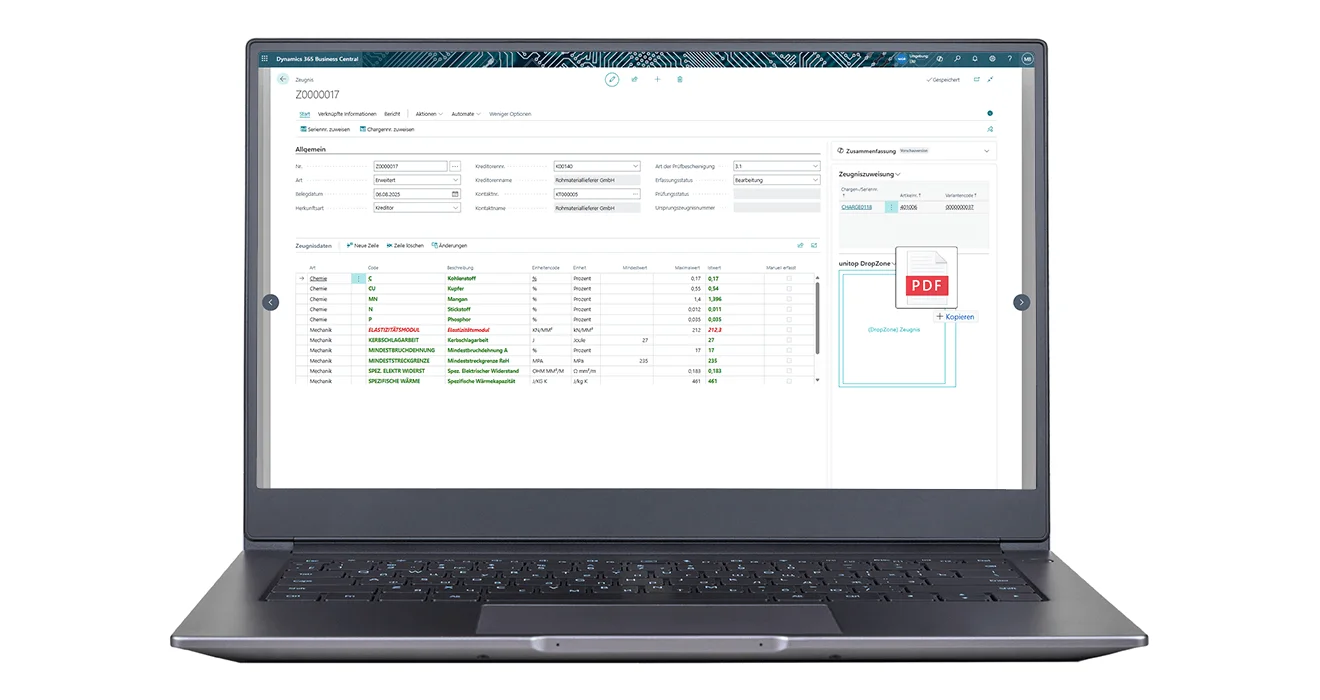 Certificate and document management with unitop | Metal industry Laptop displays an opened software interface with test results, data fields and PDF upload function