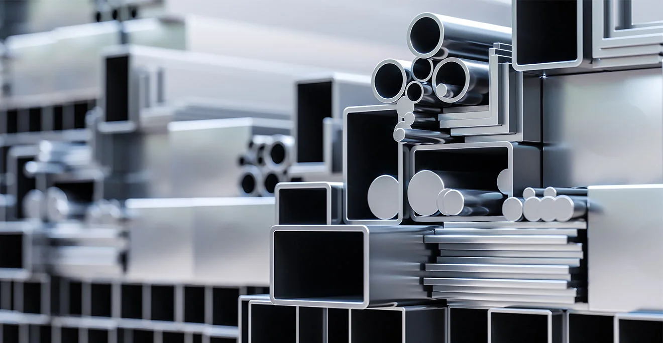 ERP-gestützte Verwaltung von Halbzeugen und Lagerformen für den Metallhandel | unitop Gestapelte Aluminiumprofile in verschiedenen Formen wie Rundrohre, Vierkantrohre und Winkelprofile