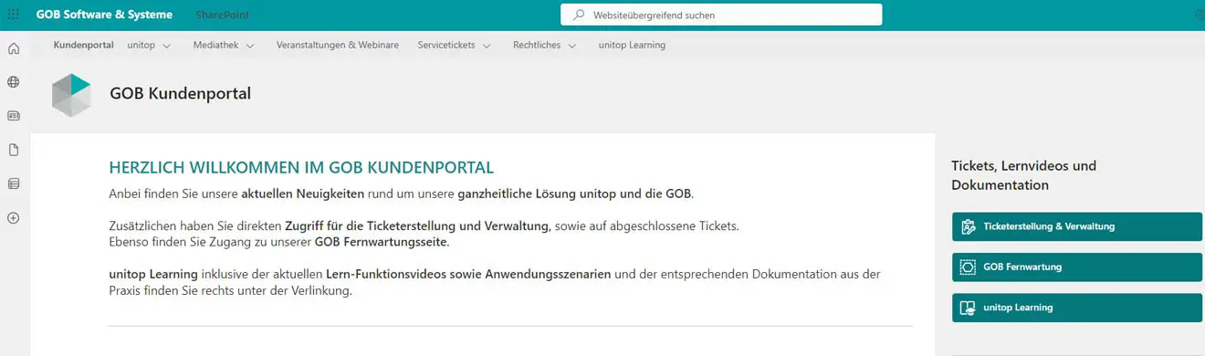 German-language GOB customer portal dashboard with access to ticket management, remote support, and unitop learning resources.