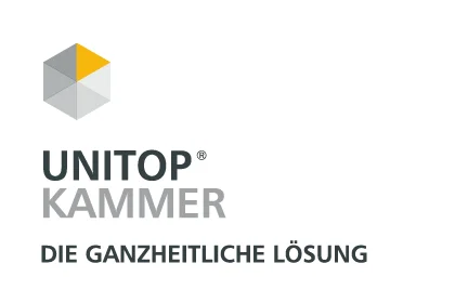 unitop – die ganzheitliche Lösung für die Digitalisierung Ihrer Kammer Logo von UNITOP® KAMMER: Würfel-Symbol in Grau/Gelb, darunter „Die ganzheitliche Lösung“.