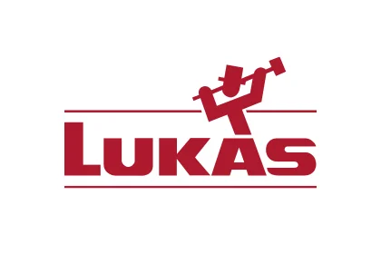 Rotes Logo „LUKAS“ mit Werkzeug-Piktogramm über dem K; feine Linien ober- und unterhalb.