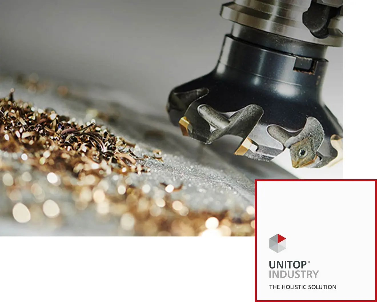 Milling machine with metal shavings and unitop industry logo at the bottom right