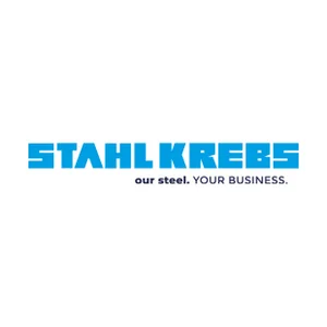 Logo von STAHL KREBS in Blau mit Claim „our steel. YOUR BUSINESS.“ auf weißem Hintergrund.