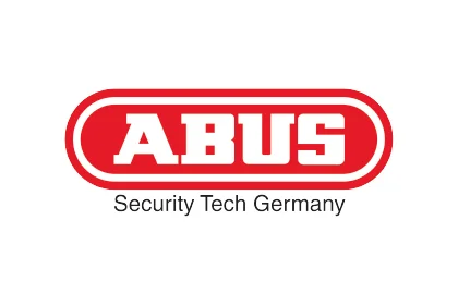 Logo von ABUS mit rotem Rahmen, weißem Schriftzug und Zusatz Security Tech Germany.