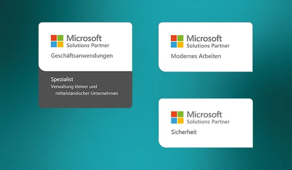 Wir sind Microsoft Solutions Partner: Geschäftsanwendungen, Modernes Arbeiten und Sicherheit Grafik mit drei Solutions-Partner-Badges: Geschäftsanwendungen, Modernes Arbeiten, Sicherheit.