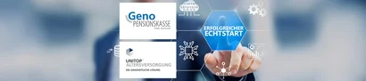 unitop-Echtstart bei der Geno Pensionskasse VVaG, Karlsruhe | 1905 x 425 Pixel Visualisierung des erfolgreichen Echtstarts der Geno Pensionskasse mit unitop Altersversorgung