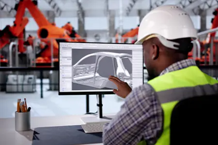 Lagermitarbeiter mit Helm & Schutzweste bedient digitalen Produktkonfigurator zur Variantenplanung 