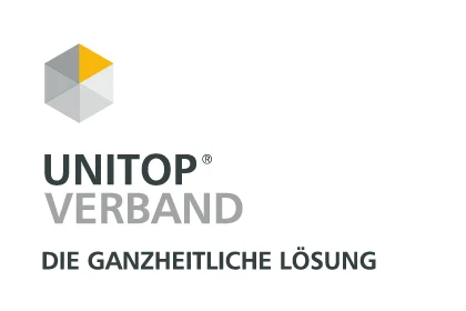 unitop – die ganzheitliche Softwarelösung für Vereine & Verbände Logo von UNITOP® VERBAND: Würfel-Symbol in Grau/Gelb, darunter „Die ganzheitliche Lösung“.