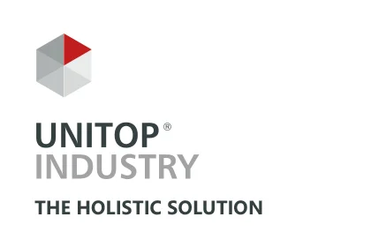 unitop Industry: The holistic ERP software solution for your industry Logo with hexagonal cube symbol and the inscription ‘unitop Industry – The holistic solution’