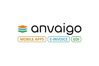 Anvaigo: mobile apps, web apps, EDI Anvaigo logo with icons and lettering for mobile apps, web apps and EDI solutions for businesses
