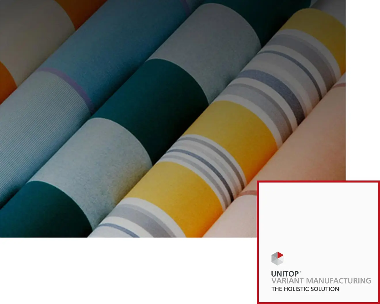 Rolled fabrics with various colors and patterns, unitop variant manufacturing logo at the bottom right