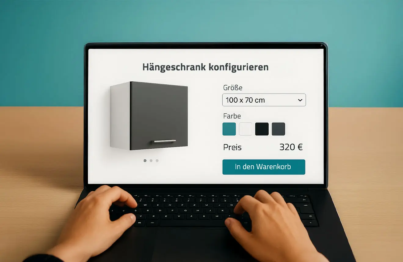 Hängeschrank-Konfiguration | Add-on Produktkonfigurator Benutzer konfiguriert am Laptop einen Hängeschrank im Produktkonfigurator