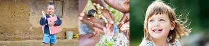 Ihre Fundraising-Prozesse in besten Händen – mit unserer unitop-Lösung für Stiftungen & Spendenorganisationen Bildcollage: Kind mit Mappe; Hände am Trinkwasserhahn; Kinderporträt – Symbol für Spendenprojekte.